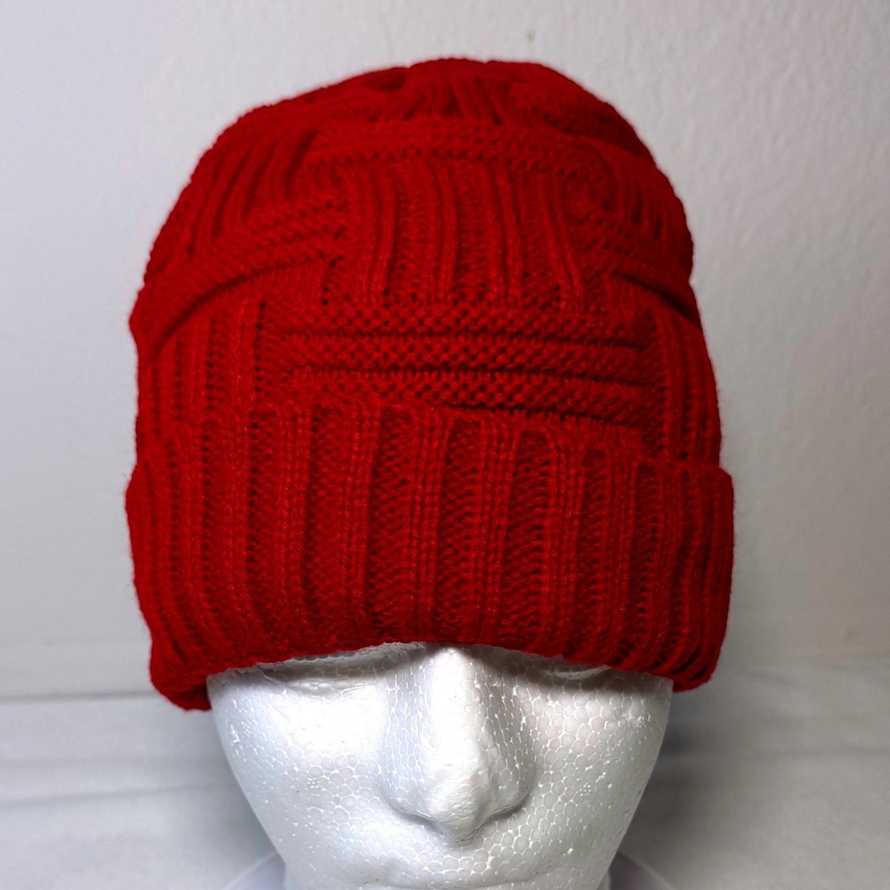Beanie Hat Unisex One Size Red Basket Weave Knit Winter Cap